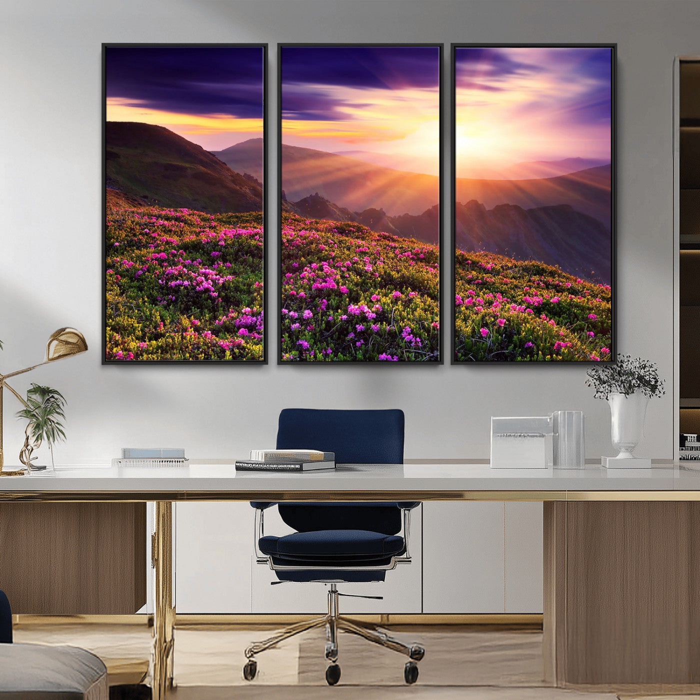 -Mountain Sunrise Wall Art – Vibrant Floral Landscape Canvas Print, Nature Home Decor for Living Room, Bedroom Office or Cabin