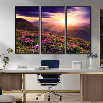 -Mountain Sunrise Wall Art – Vibrant Floral Landscape Canvas Print, Nature Home Decor for Living Room, Bedroom Office or Cabin