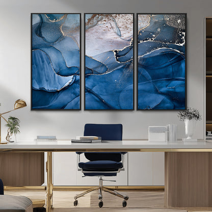 27810-MGV-FC-48X32-3P_Black-Abstract Blue Gold Fluid Art Wall Decor – Modern Canvas Print, Elegant Home & Office Wall Art, Stylish Living Room or Bedroom Decoration