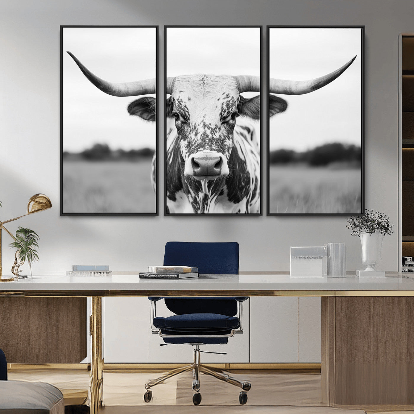 Capture the strength and elegance of nature with this striking black and white portrait of a longhorn cow. Its powerful presence makes a bold statement in any room.