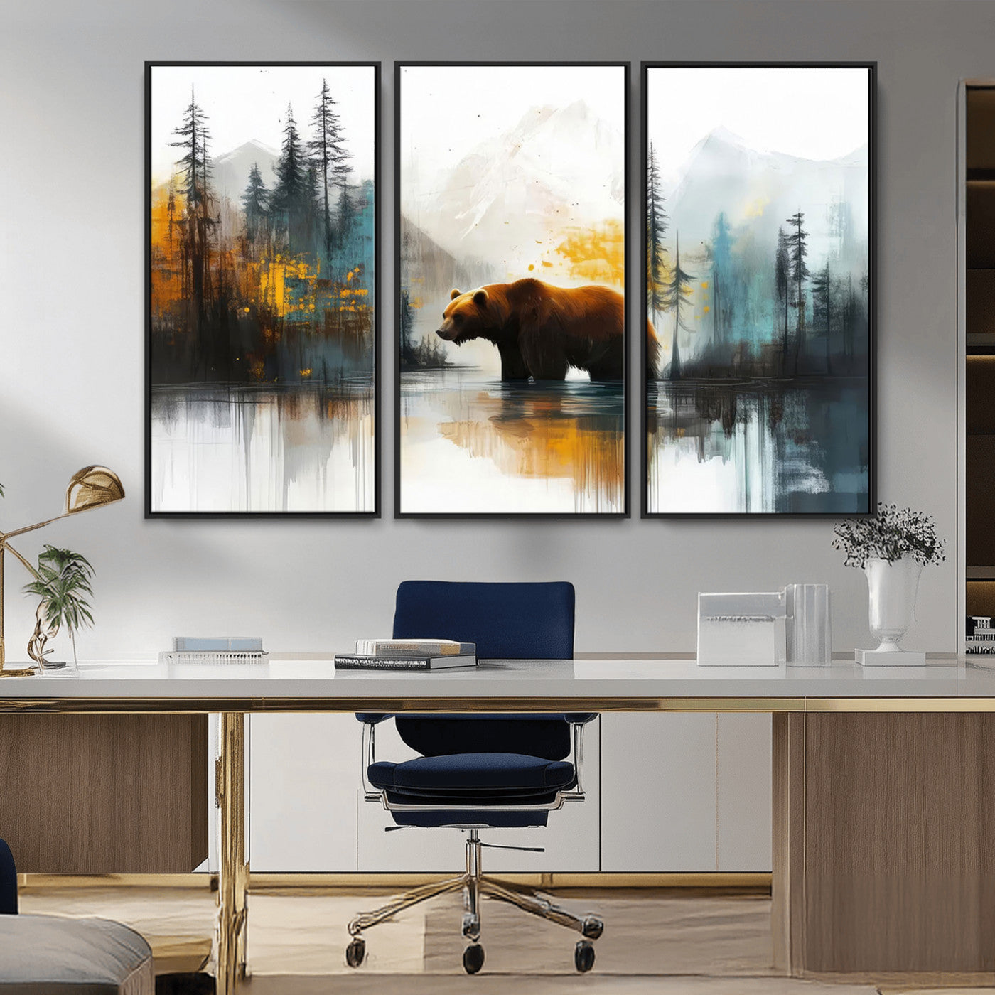 A majestic bear stands by the serene waters of a misty forest, surrounded by towering trees and distant mountains, evoking the raw beauty and wild spirit of nature.