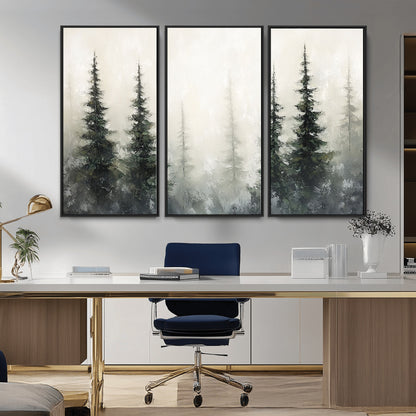 Soft and misty pine forest painting in neutral earthy tones, ideal for calm woodland or minimalist rustic home decor.