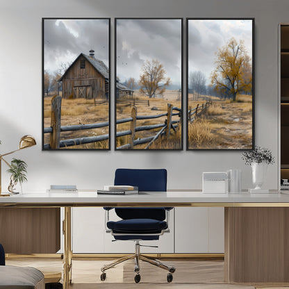 A tranquil rural scene featuring a rustic barn, overcast skies, and golden fields with scattered trees, evoking a sense of peaceful solitude in nature.