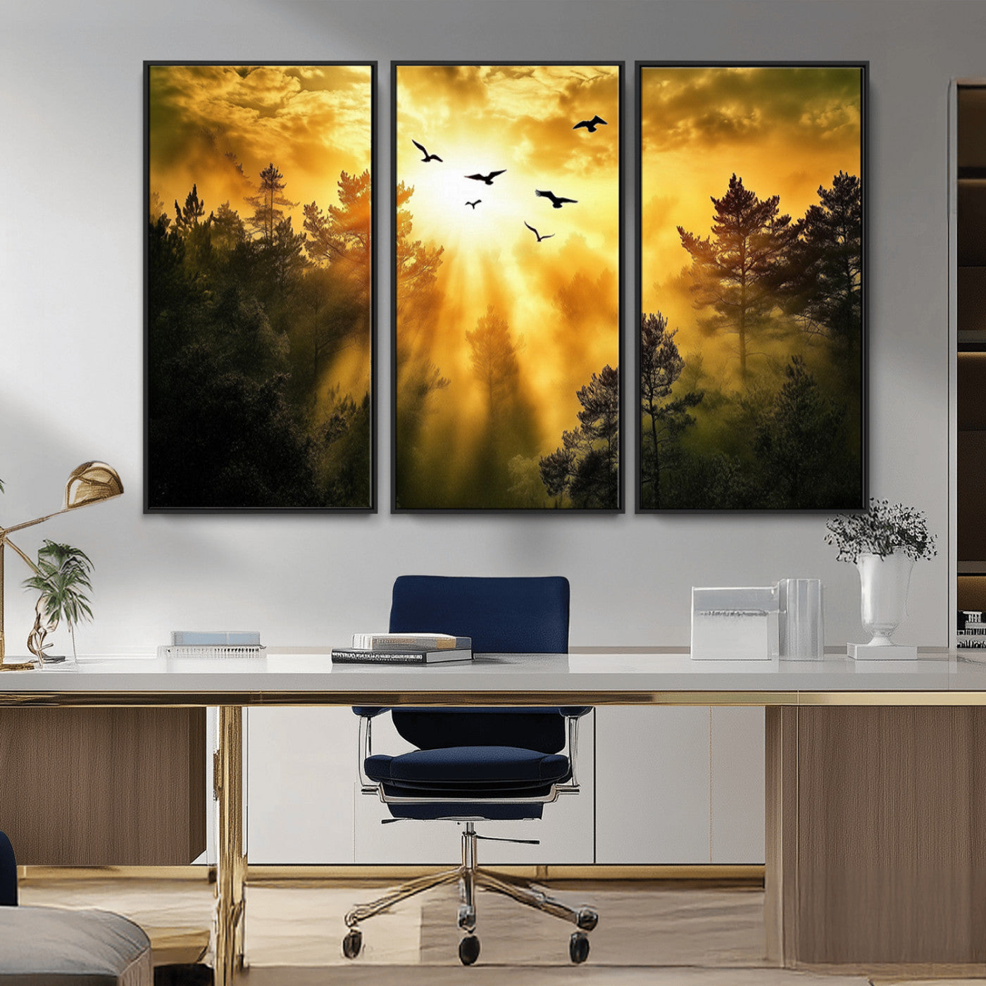 Canvas of a golden forest at sunset with birds flying through glowing sunbeams and silhouetted pine trees, ideal for warm-toned rustic decor.
