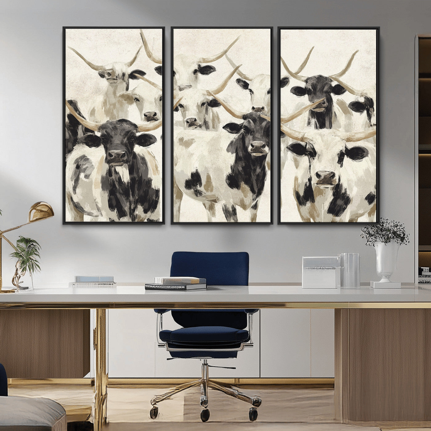 Canvas of a Texas Longhorn cattle herd in neutral black and white tones, ideal for rustic farmhouse or western-themed decor.