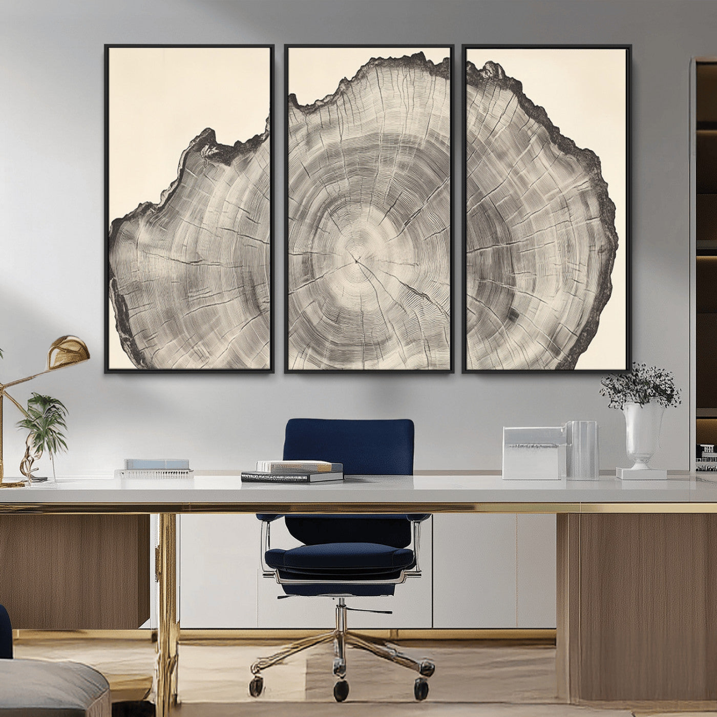 Detailed tree ring drawing in monochrome tones, ideal for rustic or nature-inspired interiors with a minimal decor aesthetic.