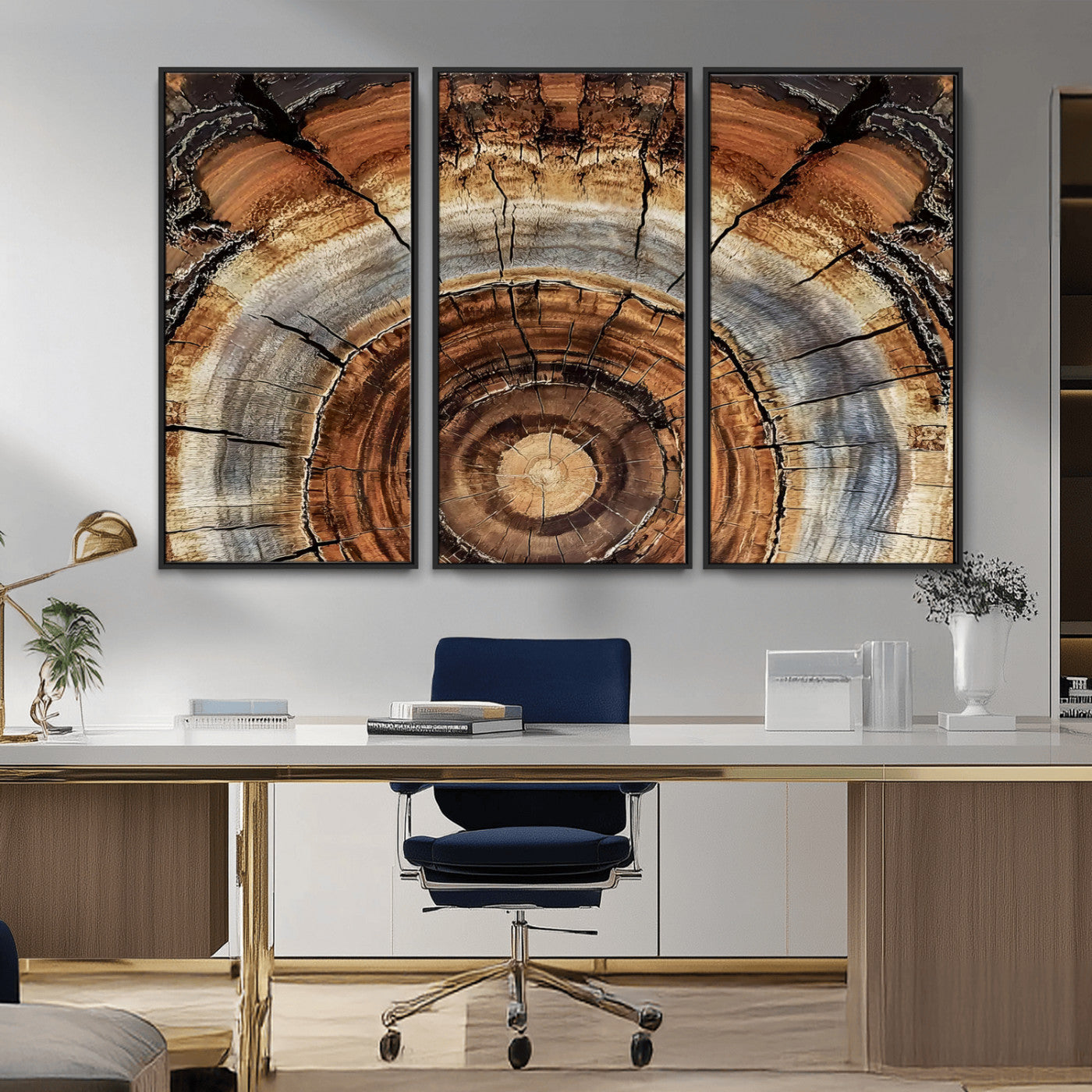 Canvas of tree rings and natural wood grain in earthy tones, ideal for rustic or vintage-inspired home decor with organic textures.