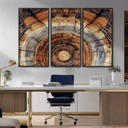 Canvas of tree rings and natural wood grain in earthy tones, ideal for rustic or vintage-inspired home decor with organic textures.