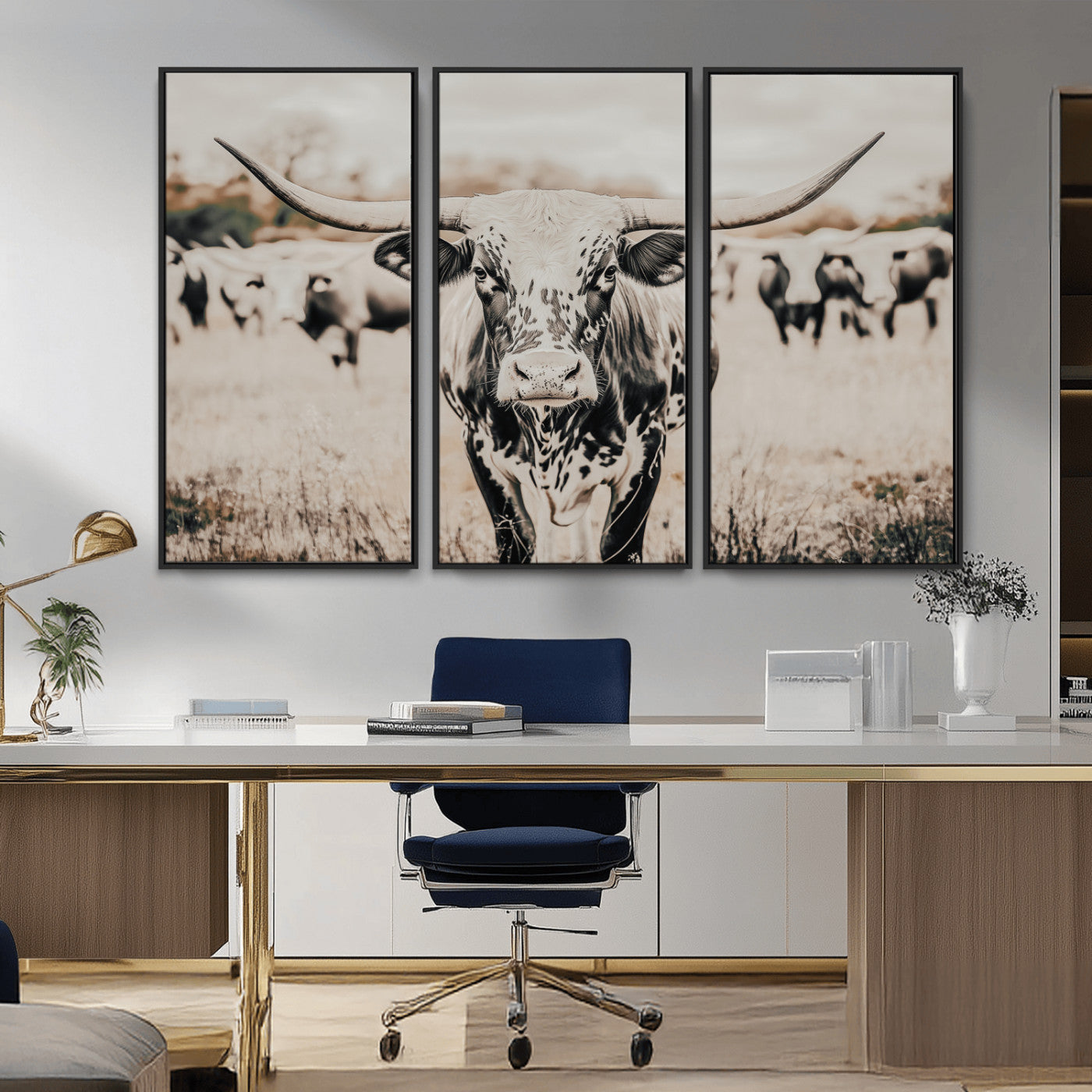 Canvas of a speckled Texas longhorn standing boldly in a field with a herd behind, perfect for rustic western or farmhouse wall decor.