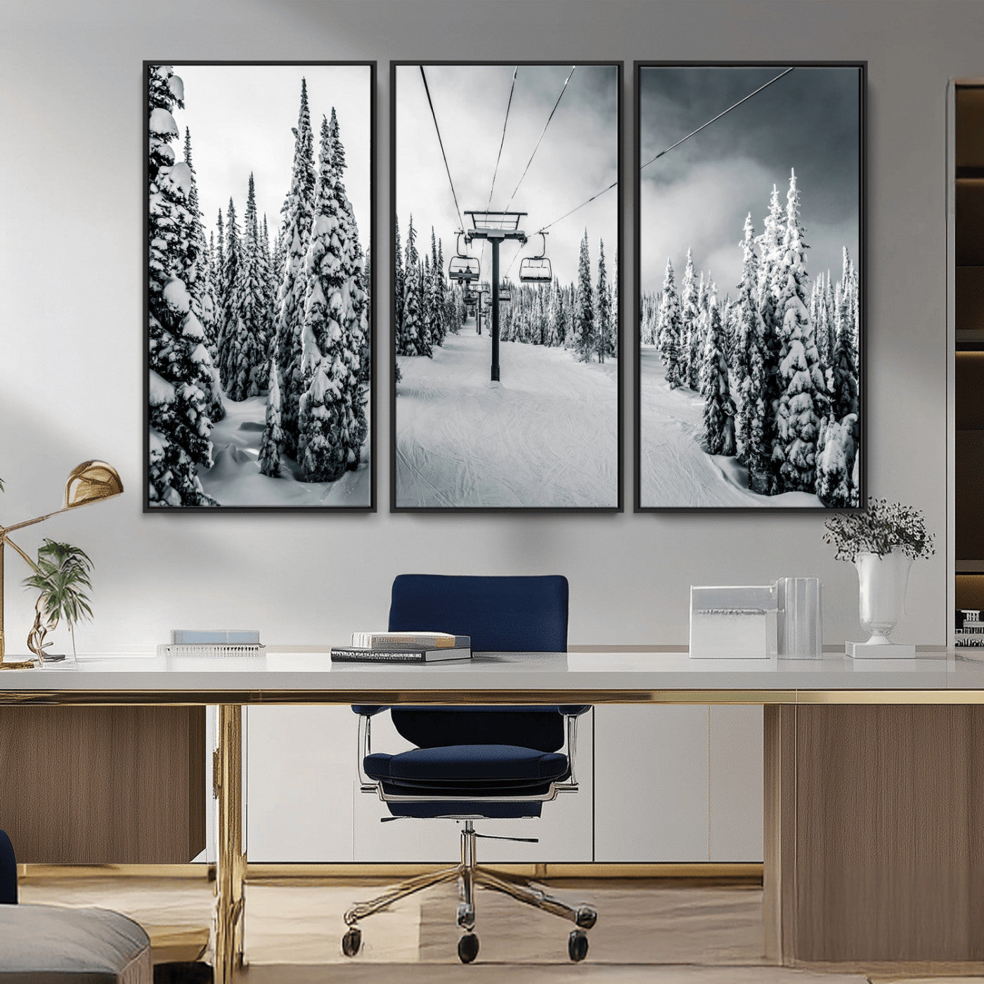 Canvas of a snowy ski lift scene through a forest of tall pine trees, ideal for moody winter or alpine-themed home decor.