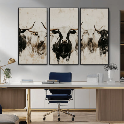 Illustrated herd of longhorn cattle in black and white tones with a neutral textured background, perfect for rustic or farmhouse-style decor.