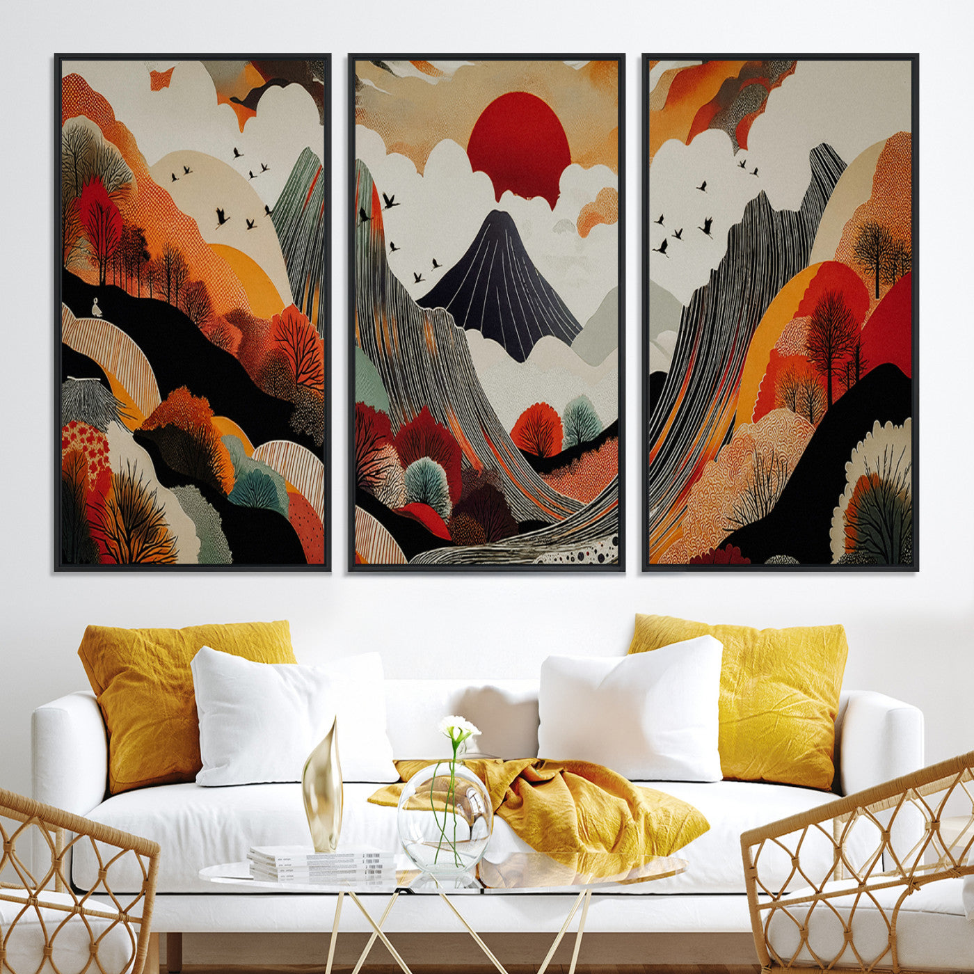 Abstract Mountain Wall Art Canvas Print, Vibrant Landscape Print, Framed Stylized Nature Drawing Art Print, Large Sunset Mountains Printing Perfect for Contemporary Minimalist Decor