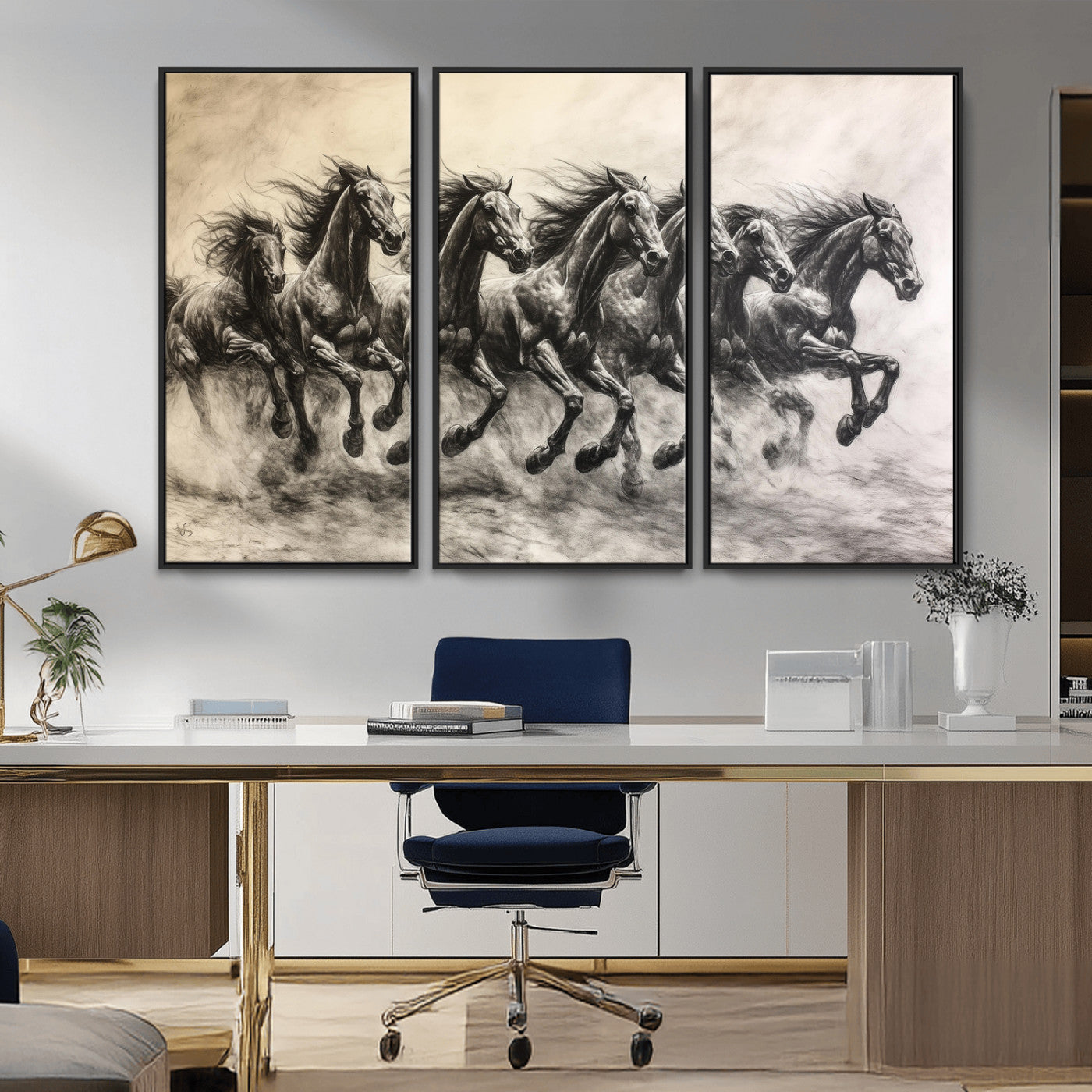Monochrome drawing of a herd of galloping horses, perfect for dynamic and wild-themed decor in any equestrian or nature-inspired room.