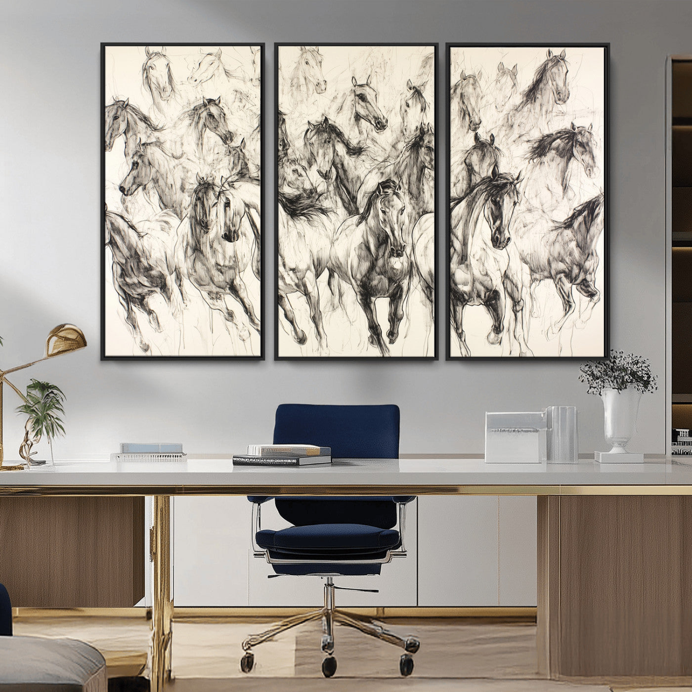 Monochrome ink sketch of galloping horses in dynamic motion, perfect for western or equine-themed wall decor with bold artistic energy.