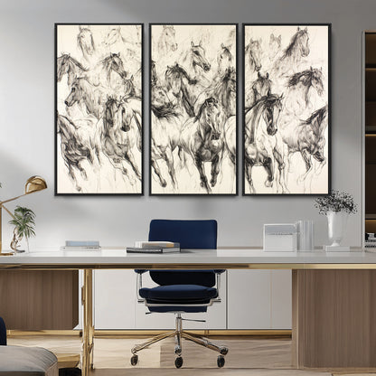 Monochrome ink sketch of galloping horses in dynamic motion, perfect for western or equine-themed wall decor with bold artistic energy.