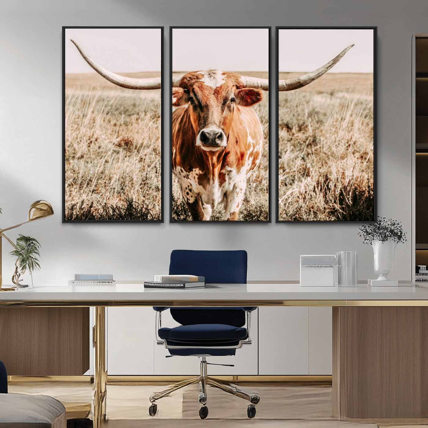 Framed longhorn cow canvas wall art with rustic prairie background, western animal print perfect for farmhouse or ranch style decor