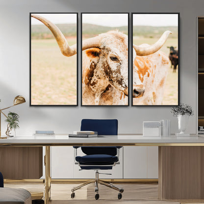 Close-up of a speckled Texas Longhorn in warm prairie tones, perfect for rustic western or countryside-themed room decor.