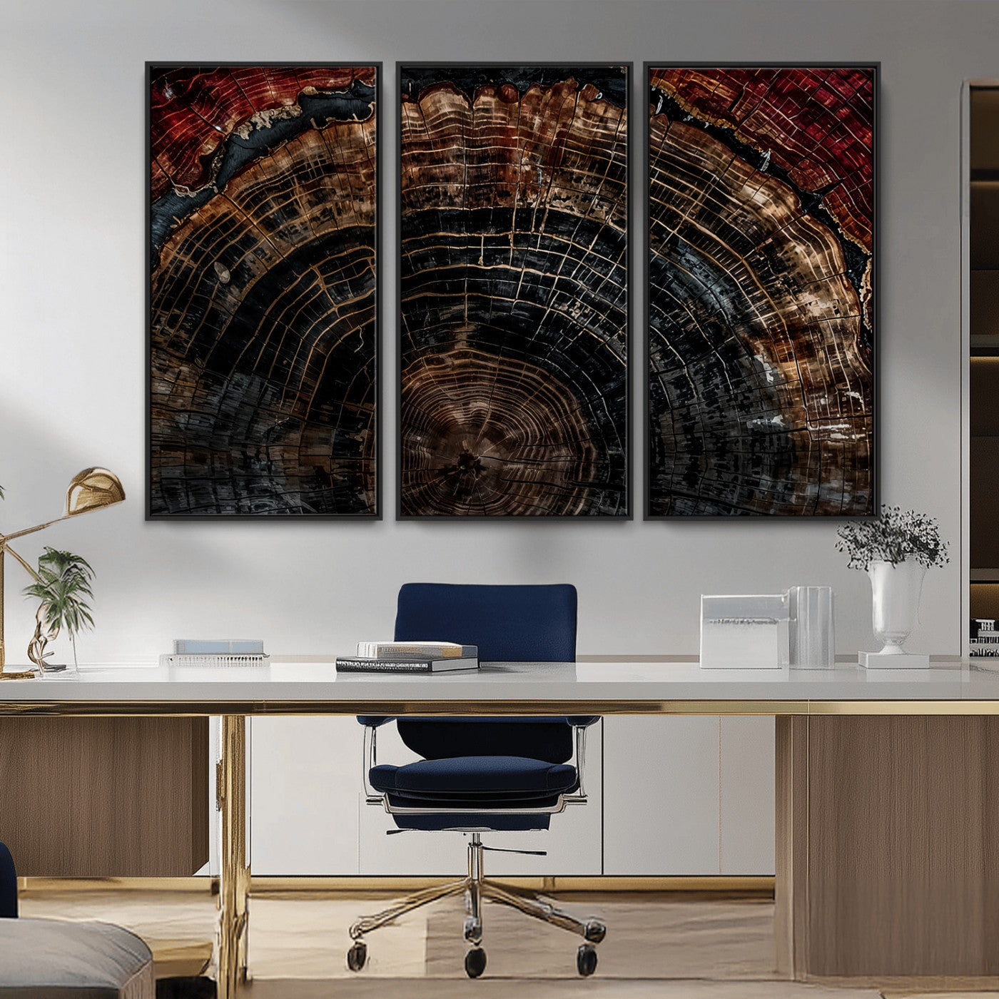 Dark Wood Wall Art Print - Petrified Tree Canvas Print, featuring an intricate tree ring pattern with deep earthy tones and organic textures, perfect for rustic and nature-inspired decor.