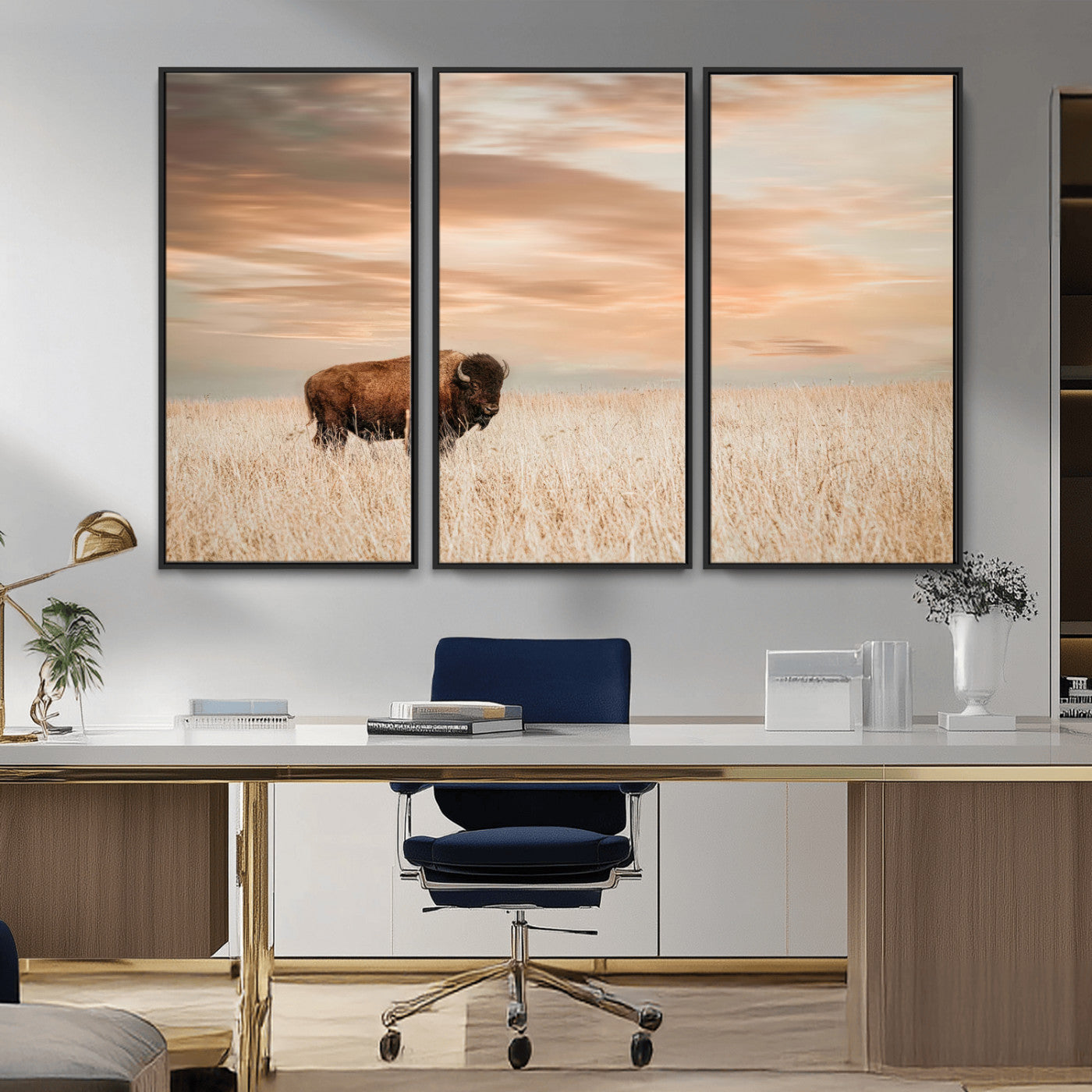 Bison Wall Art Print - Buffalo Canvas Print, featuring a lone bison in a golden prairie under a warm sunset sky, perfect for rustic and farmhouse decor.