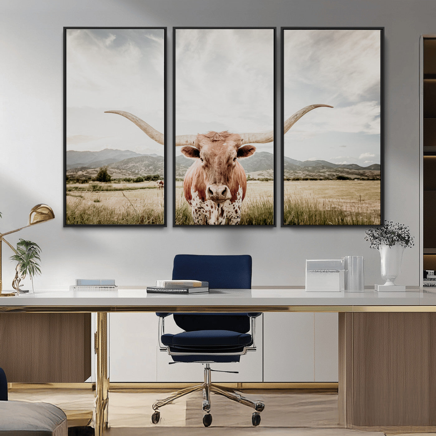 Longhorn Wall Art Print - Western Cow Canvas Print, featuring a majestic Texas longhorn in a rustic prairie setting, perfect for farmhouse and western decor.