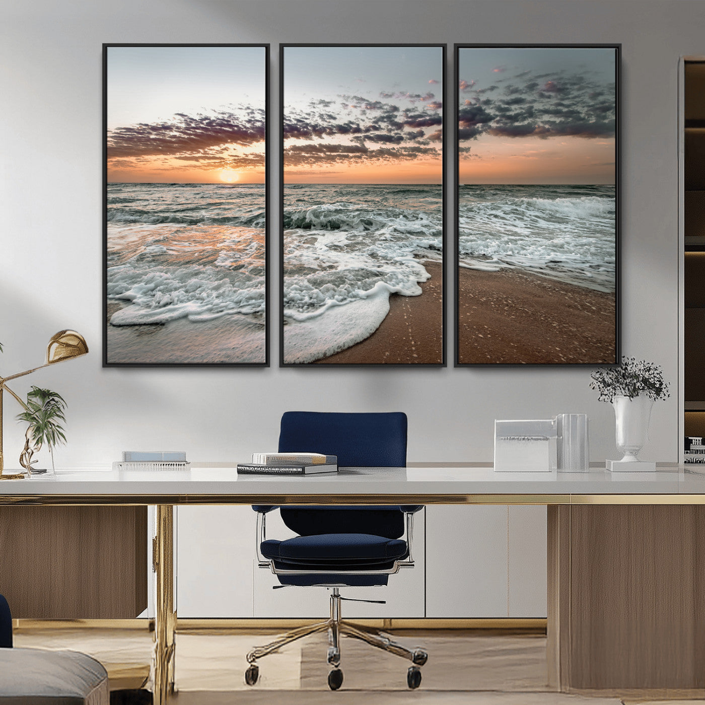 Ocean Sunset Wall Art Print - Beach Waves Canvas Print, featuring a serene seascape with golden sunlight reflecting on gentle waves, perfect for coastal and minimalist decor.