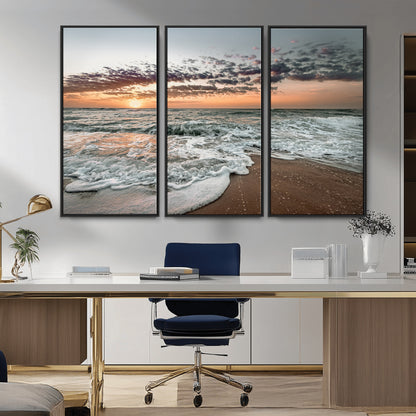 Ocean Sunset Wall Art Print - Beach Waves Canvas Print, featuring a serene seascape with golden sunlight reflecting on gentle waves, perfect for coastal and minimalist decor.