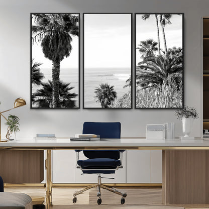Monochrome canvas of palm trees framing a coastal surf scene, perfect for California-inspired or retro black-and-white beach decor.