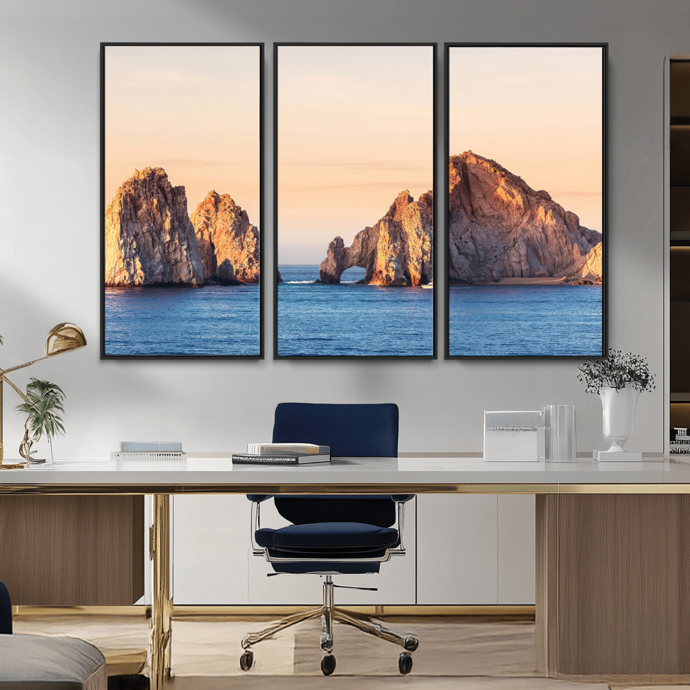 Framed canvas of El Arco rock formation in Cabo San Lucas at golden hour, ideal for coastal landmark or ocean-inspired decor.