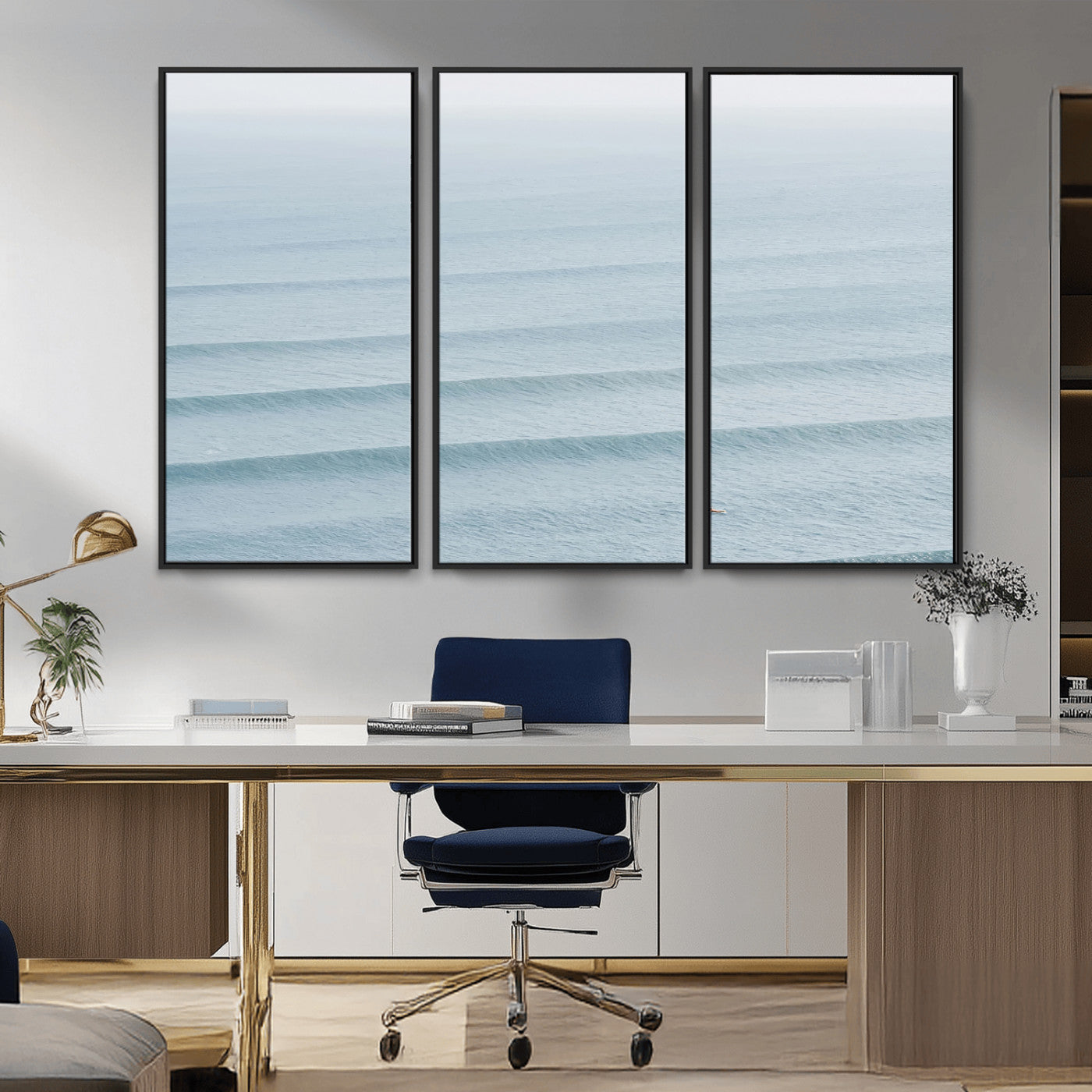 Framed canvas of repeating ocean waves with a distant solo surfer, ideal for minimalist ocean or calm coastal wall decor.