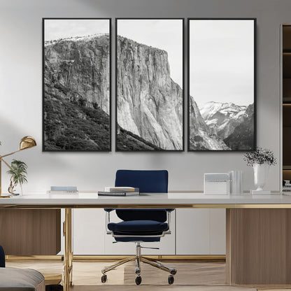 Monochrome canvas of El Capitan’s granite wall in Yosemite with snowy peaks, ideal for dramatic mountain or black-and-white nature decor.
