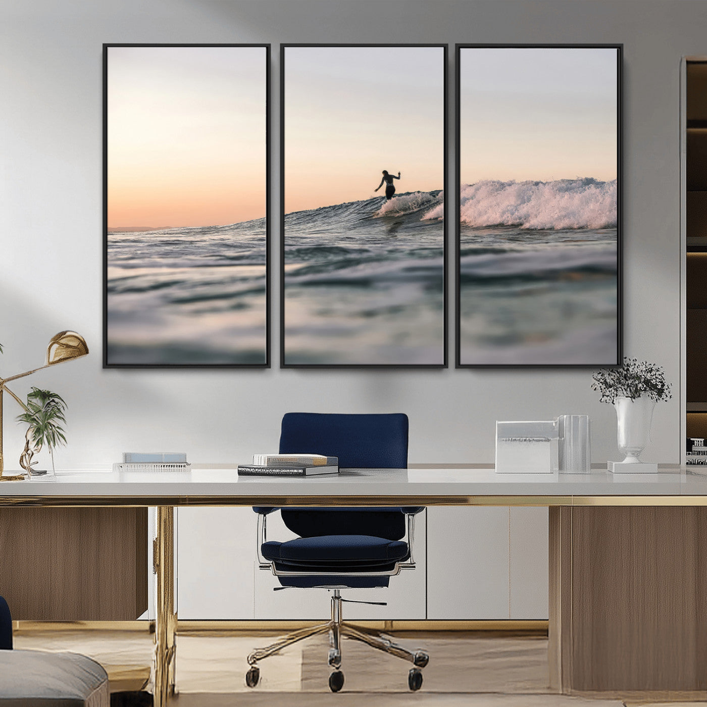 Framed canvas of a female surfer balancing on a wave at sunset, perfect for serene surf or ocean-inspired coastal decor.