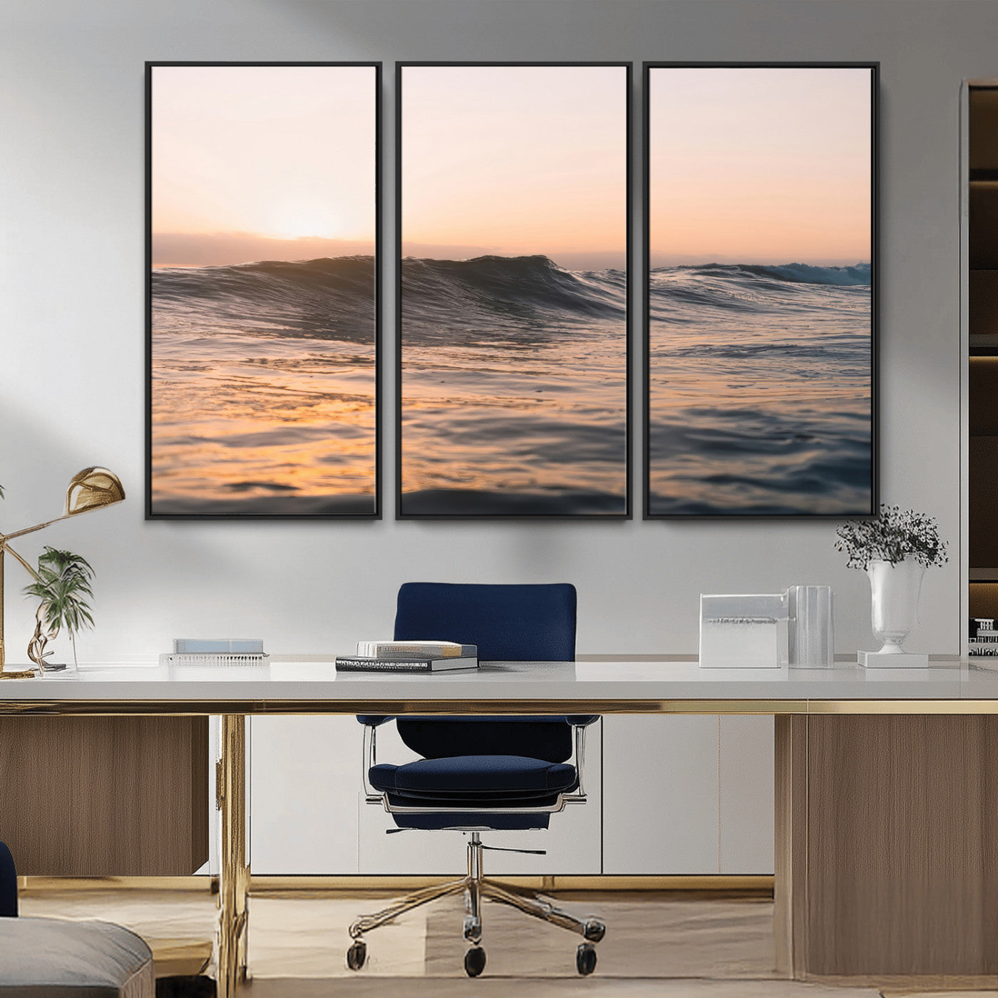 Framed canvas of ocean waves glowing in sunset light, ideal for golden hour calm or peaceful coastal-inspired wall decor.