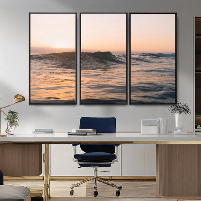 Framed canvas of ocean waves glowing in sunset light, ideal for golden hour calm or peaceful coastal-inspired wall decor.