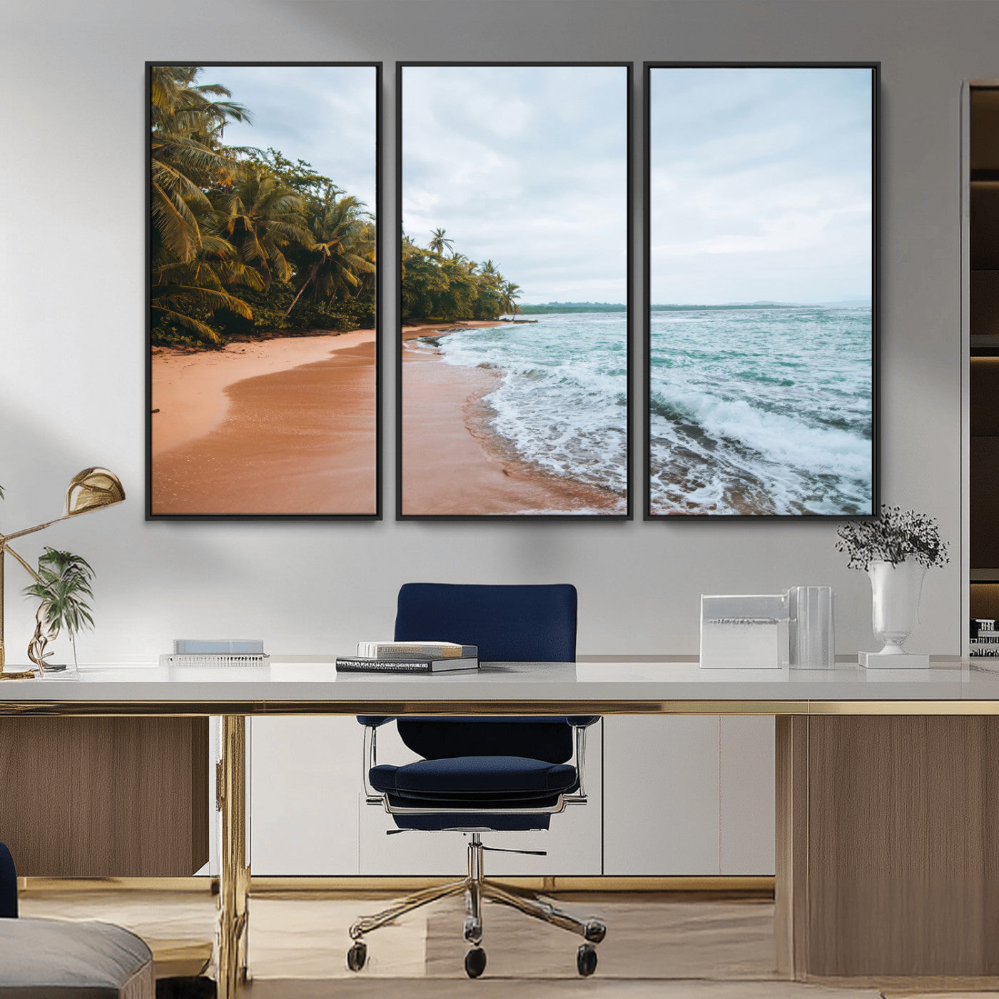 Framed canvas of a tropical beach with palm trees and soft waves, ideal for coastal escape or serene nature-inspired home decor.