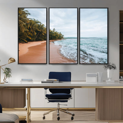 Framed canvas of a tropical beach with palm trees and soft waves, ideal for coastal escape or serene nature-inspired home decor.