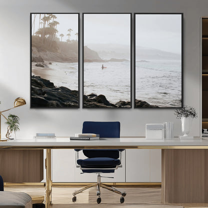 Framed canvas of a surfer in misty coastal tones at a foggy California beach, ideal for minimalist coastal beach or serene ocean-themed decor.