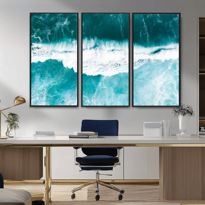 Aerial view of turquoise ocean waves crashing with white foam, perfect for tropical coastal or modern beach-style home decor.