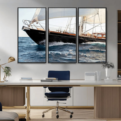 Close-up of a classic sailing yacht with wooden deck and full sails, perfect for nautical or coastal-style decor in ocean-themed spaces.