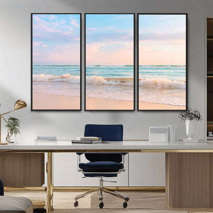 Pastel-toned ocean waves under soft sunset skies, ideal for pastel coastal or serene beach-style home decor.