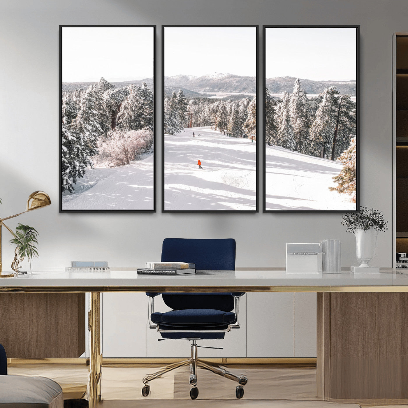 Bright ski trail lined with snow-covered pines and a skier in orange, perfect for alpine adventure or winter sports-inspired decor.