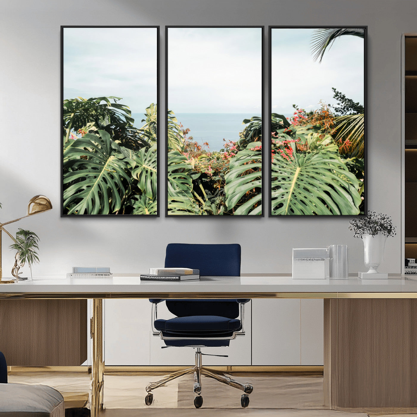 Monstera leaves and tropical flowers framing a calm ocean view, ideal for tropical coastal or exotic jungle-style interior wall decor.