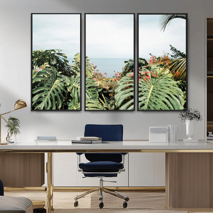 Monstera leaves and tropical flowers framing a calm ocean view, ideal for tropical coastal or exotic jungle-style interior wall decor.