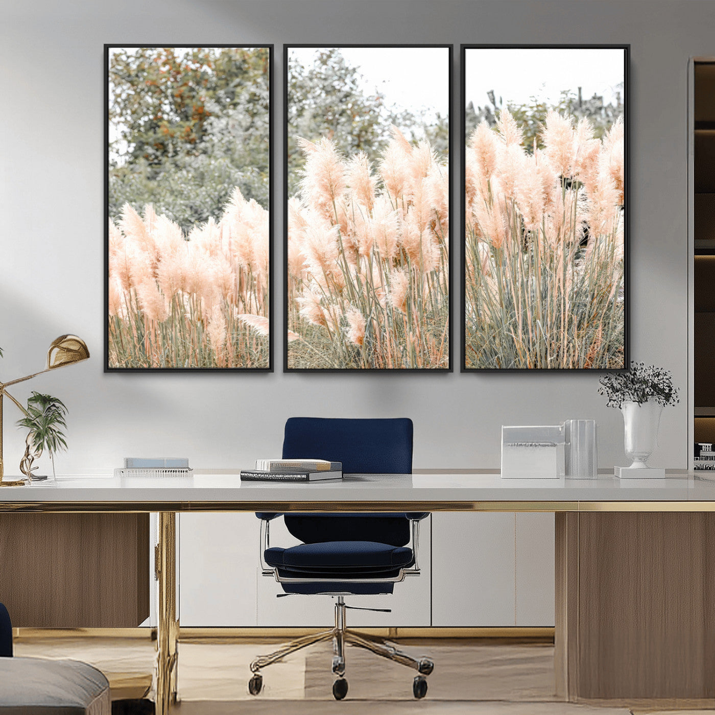 Soft pastel pampas grasses in a natural setting, ideal for neutral boho or rustic botanical-style interior wall decoration.