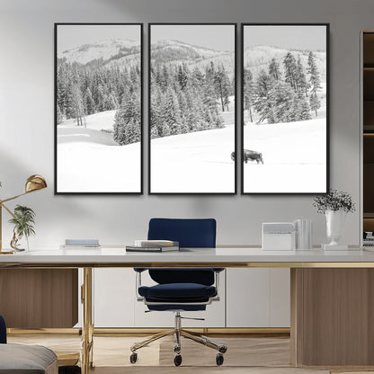 Snowy bison walking through white forest landscape, ideal for monochrome winter or wilderness-style interior wall decoration.