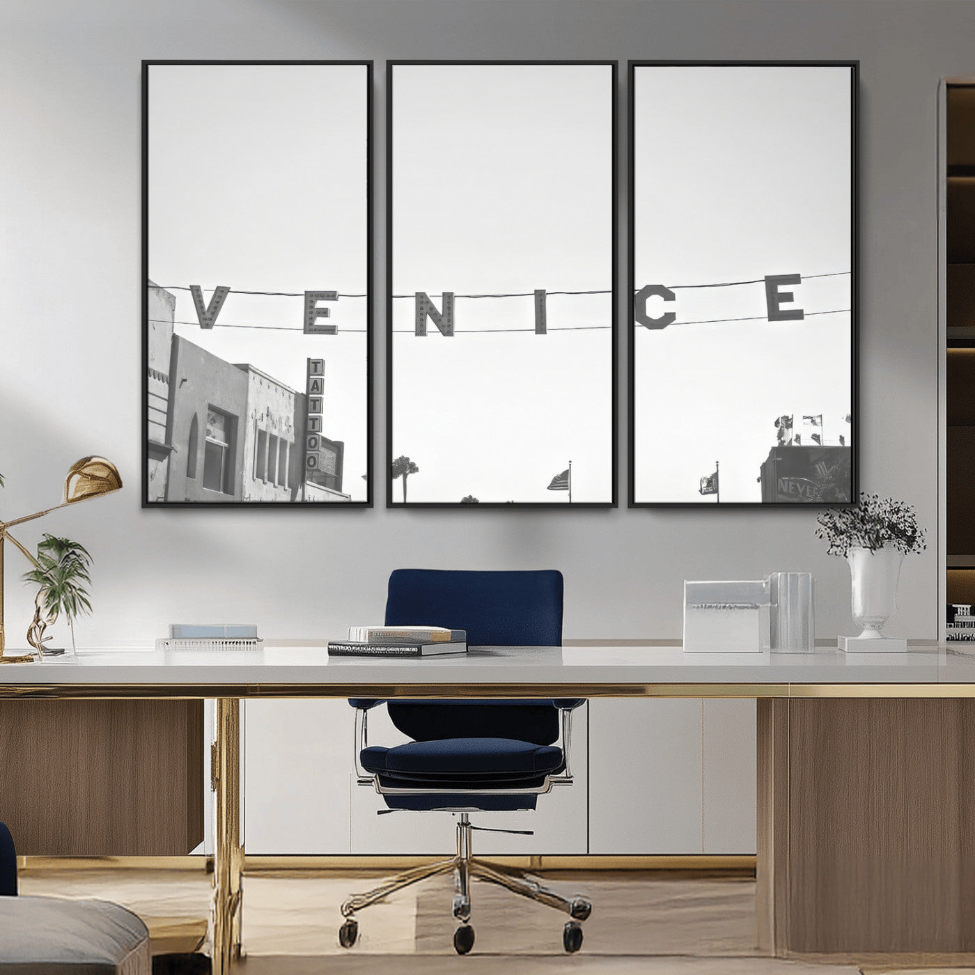 Black and white photo of Venice Beach sign and palm-lined street, perfect for urban coastal or minimalist LA-inspired wall decoration.