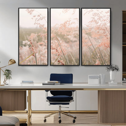 Soft pastel field with wild grasses in warm light, ideal for minimal nature or airy countryside-inspired interior wall decoration.