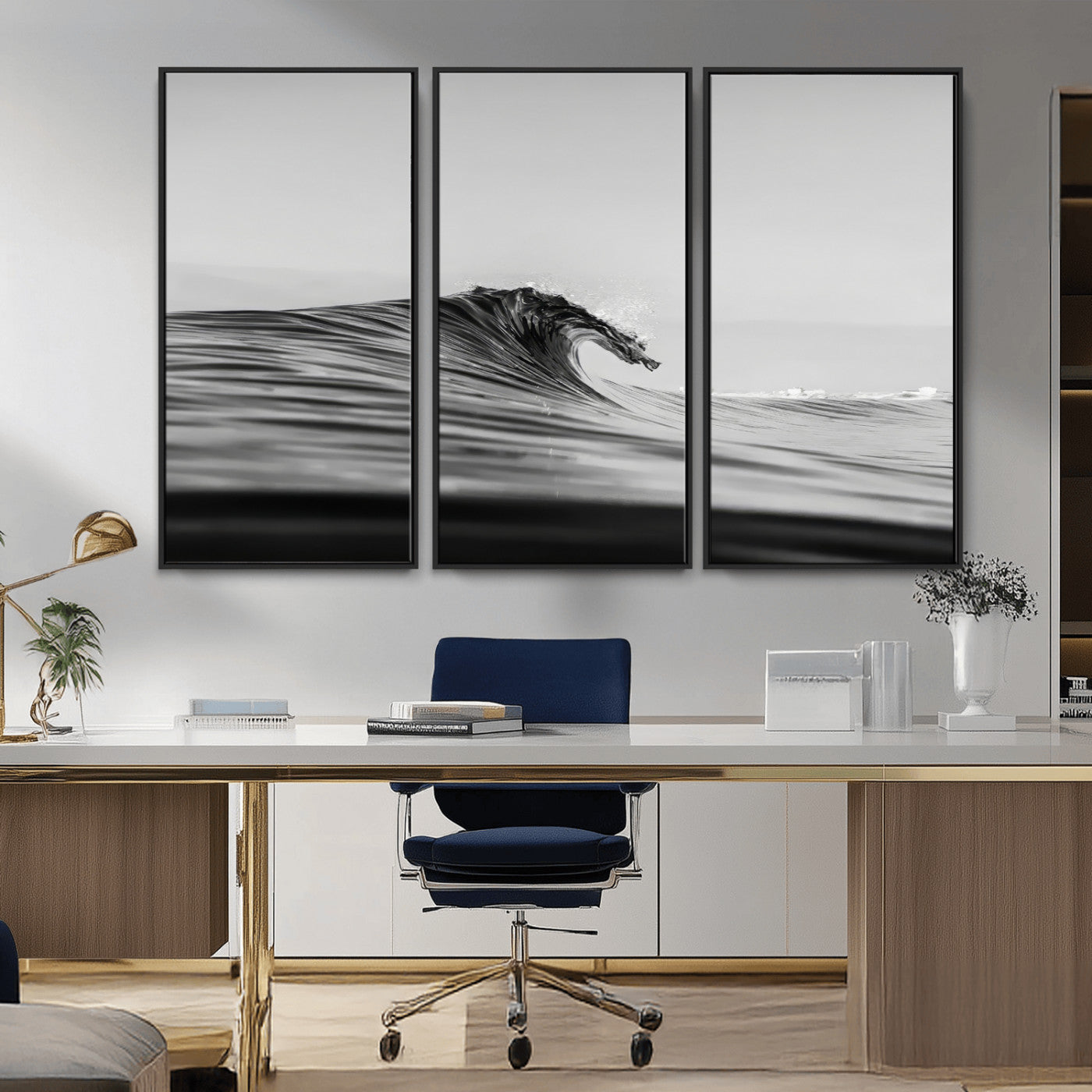 Striking black and white photo of a curling wave, ideal for modern coastal or minimalist wall decor settings.