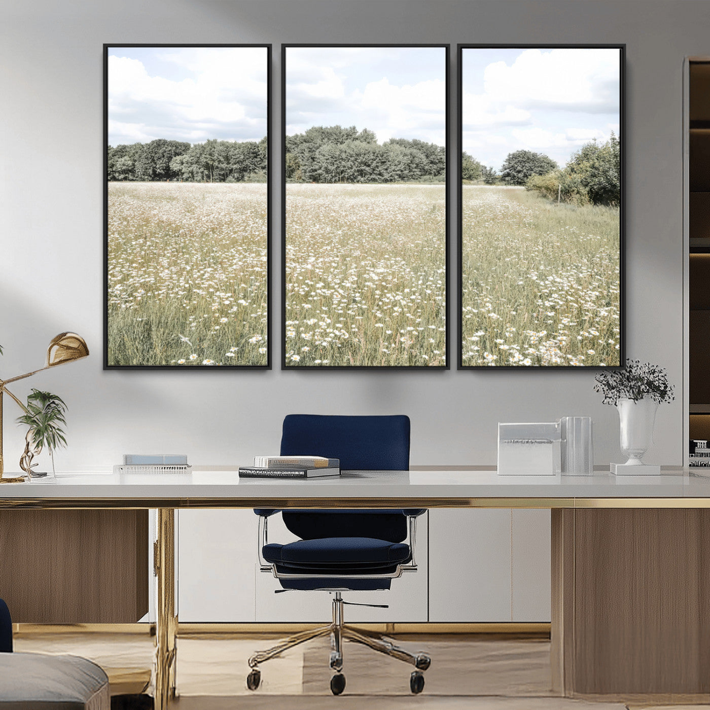 Soft-toned image of a wild daisy field under a cloudy sky, ideal for neutral or Scandinavian-inspired home decor.