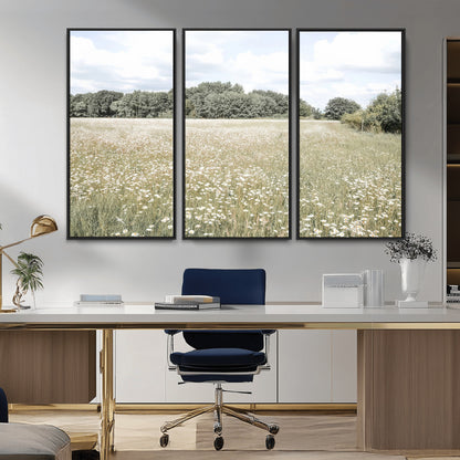 Soft-toned image of a wild daisy field under a cloudy sky, ideal for neutral or Scandinavian-inspired home decor.