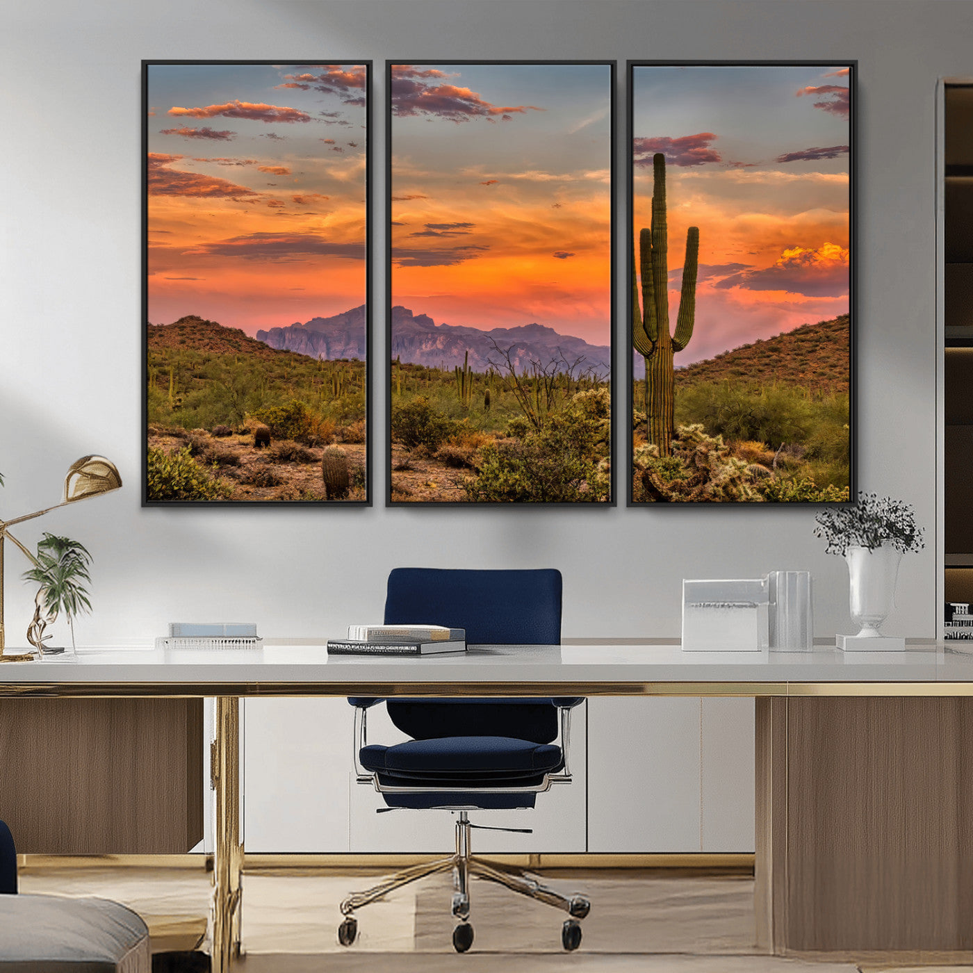 Vibrant desert sunset with saguaro cacti and distant mountains, perfect for Southwestern or warm-toned home decor.